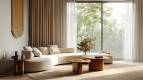 Stylish curved sofa and wooden coffee table near window dressed with beige curtains. Minimalist japandi home interior design of modern living room. photography