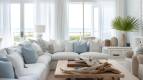 Interior Design Mockup: A coastal living room with soft blue and sand hues, relaxed linen upholstery, driftwood elements, and sheer white curtains