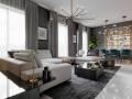 large living room with a large white corner sofa and TV unit, di